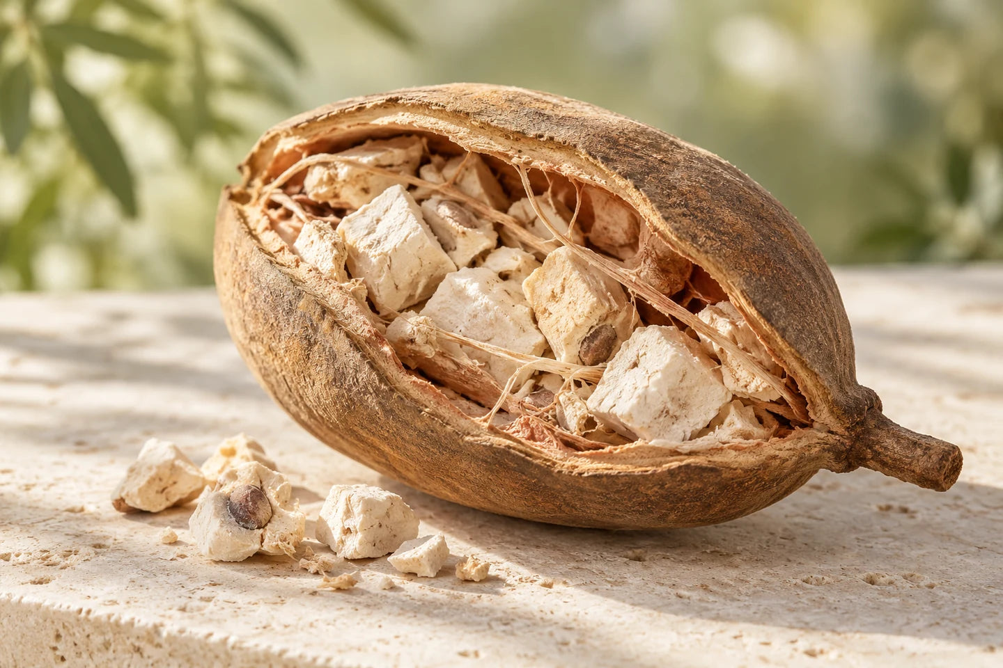 Geöffnete Baobabfrucht mit Fruchtpulpe und Samen