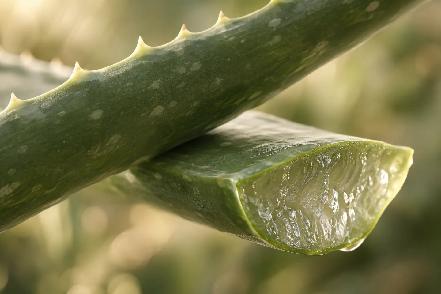 Illustrative Pflanzenaufnahme: Angeschnittenes Aloe-Blatt mit sichtbarem Gel