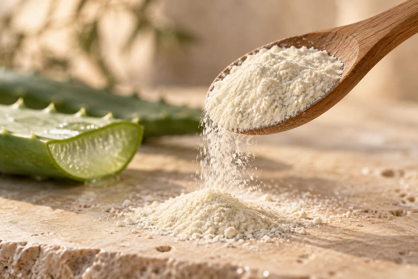 Illustrative Rohstoffdarstellung: Helles Aloe-Extraktpulver im Holzlöffel