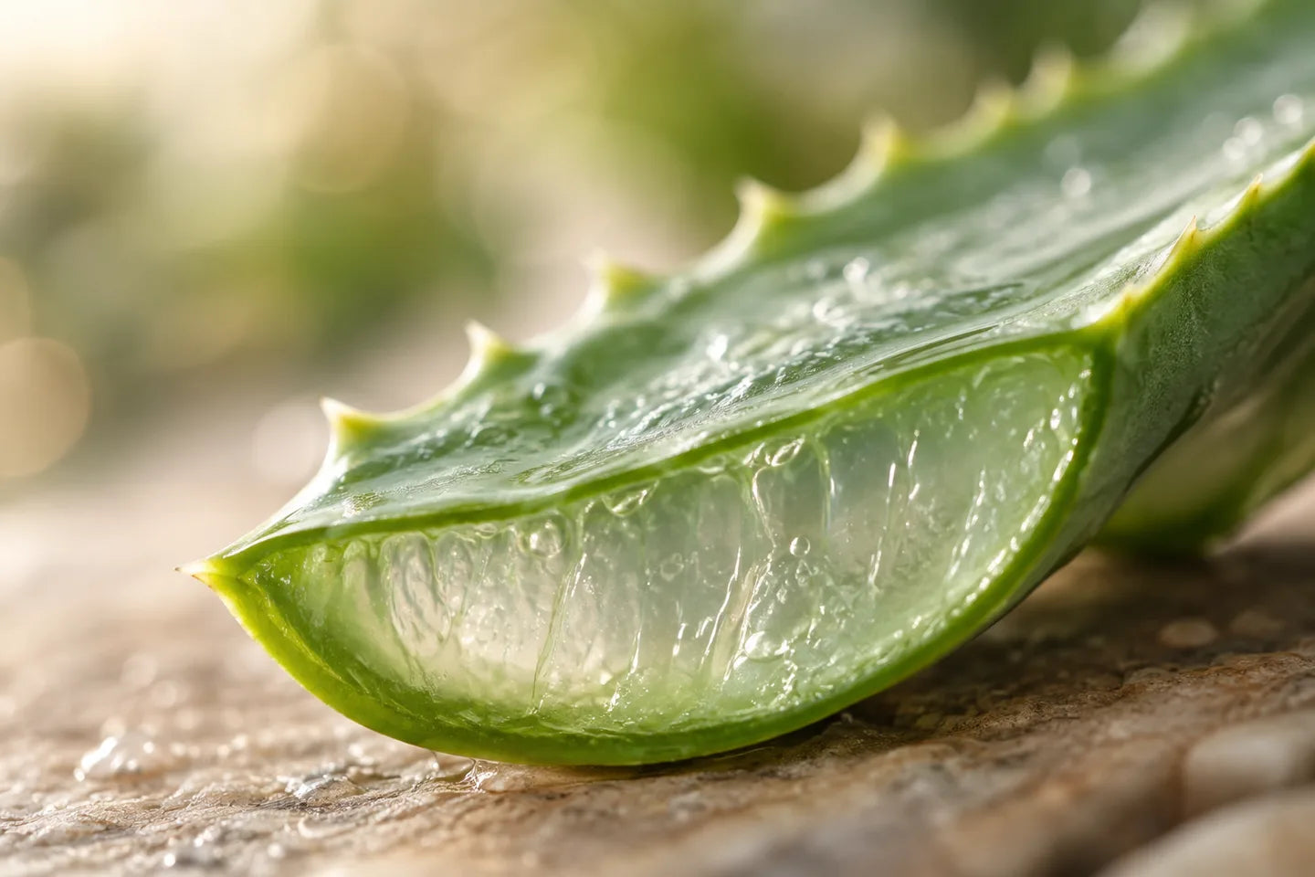 Illustrative Pflanzenaufnahme: Längs aufgeschnittenes Aloe-Blatt