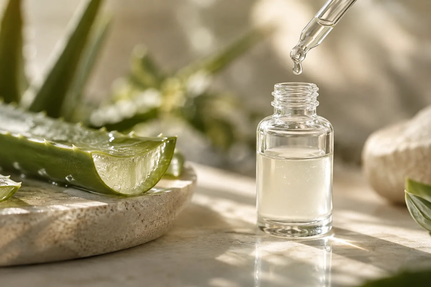 Illustrative Rohstoffdarstellung: Aloe-Blattsaft in einem Glasfläschchen