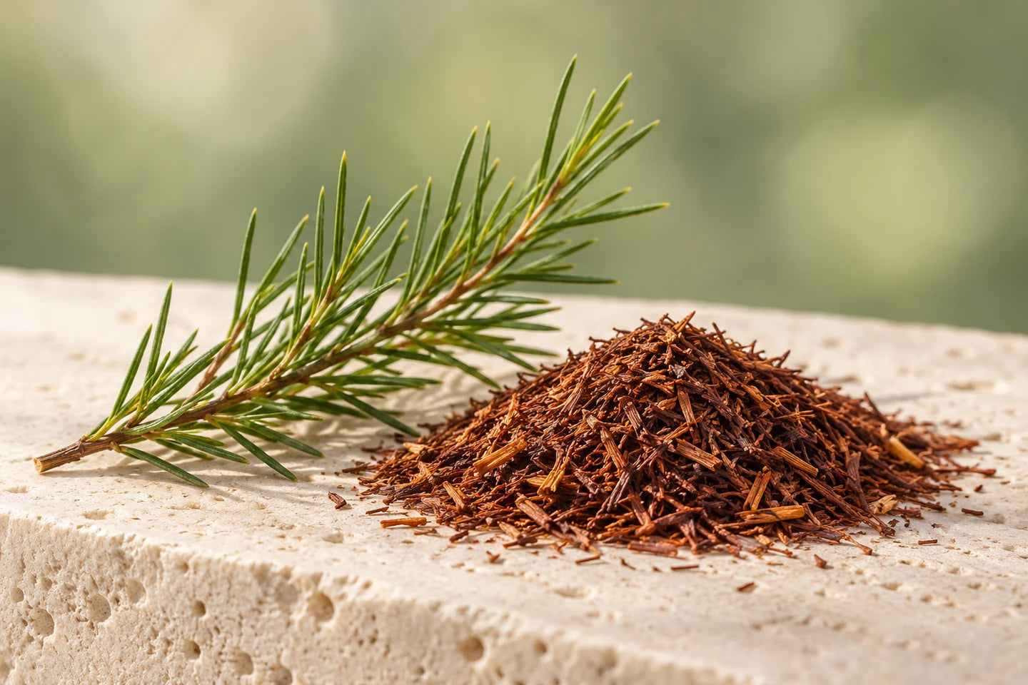 Rooibos-Zweig mit nadelförmigen Blättern und getrockneter Rooibos