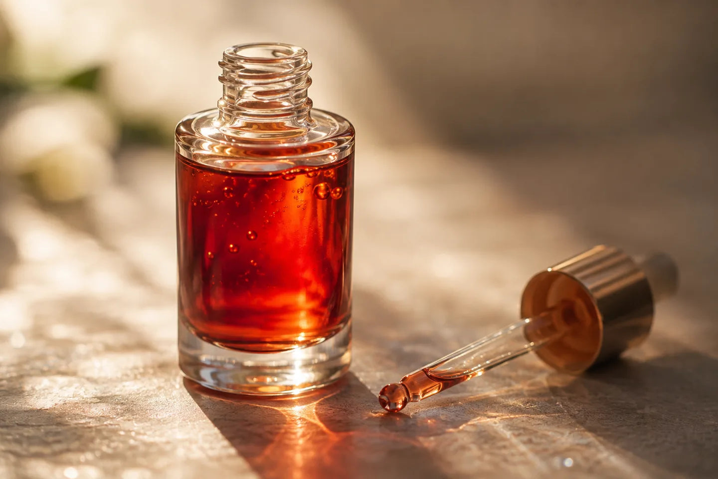 Illustrative Rohstoffdarstellung: Rote Astaxanthin-Dispersion im Glasfläschchen