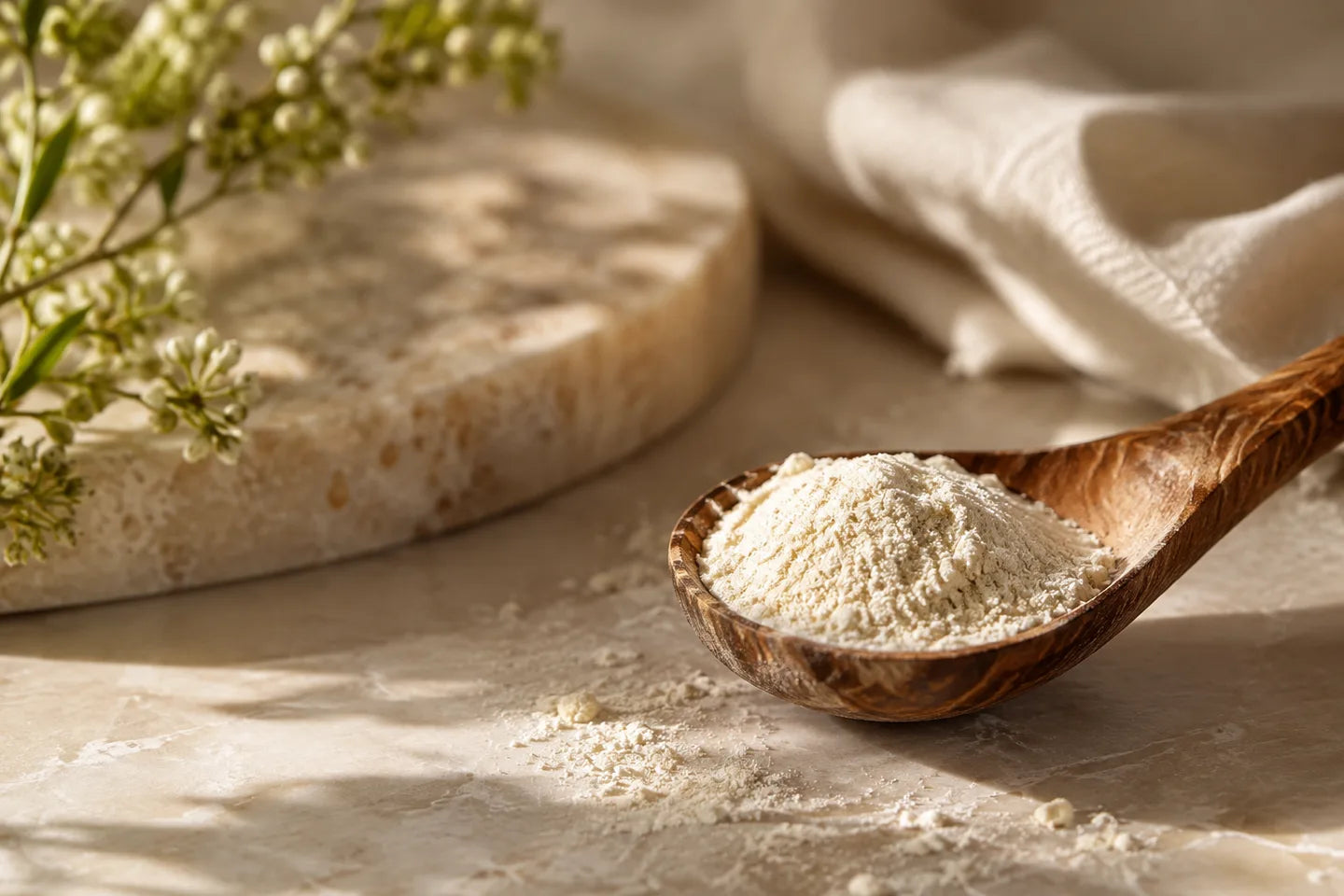 Illustrative Darstellung: Bacillus-Ferment als helles Pulver auf einem Holzlöffel