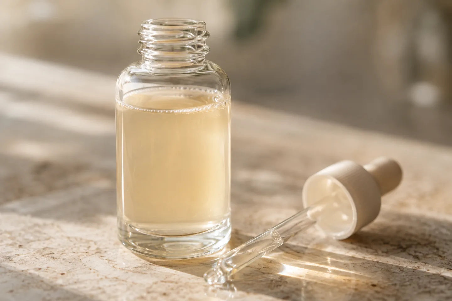 Illustrative Darstellung: Bacillus-Ferment als leicht trübe Flüssigkeit in einem Glasfläschchen