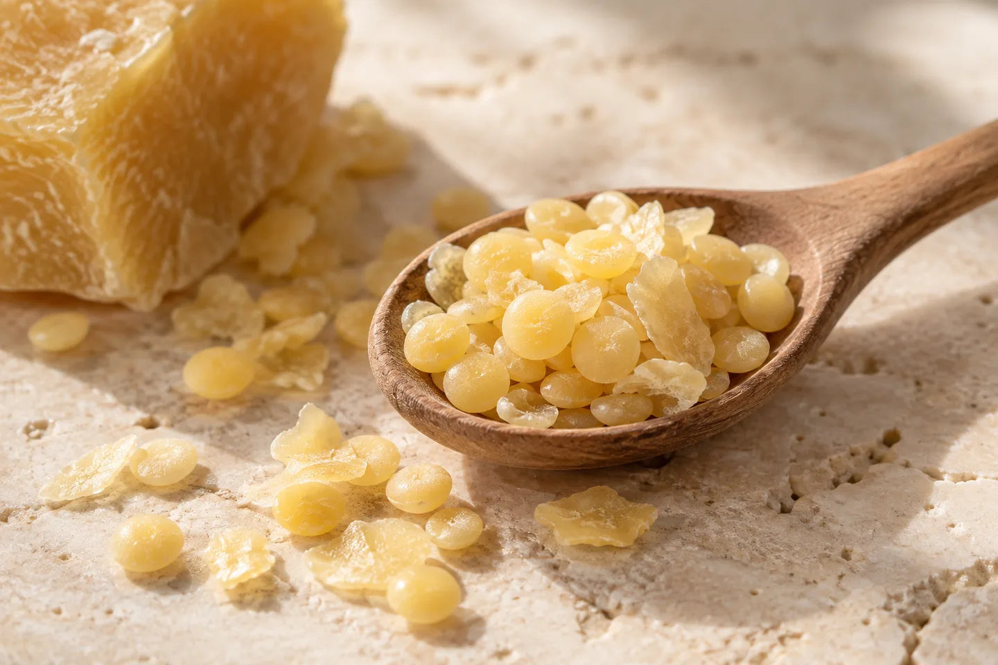 Illustrative Darstellung: Bienenwachs als Block und Pastillen auf einem Holzlöffel