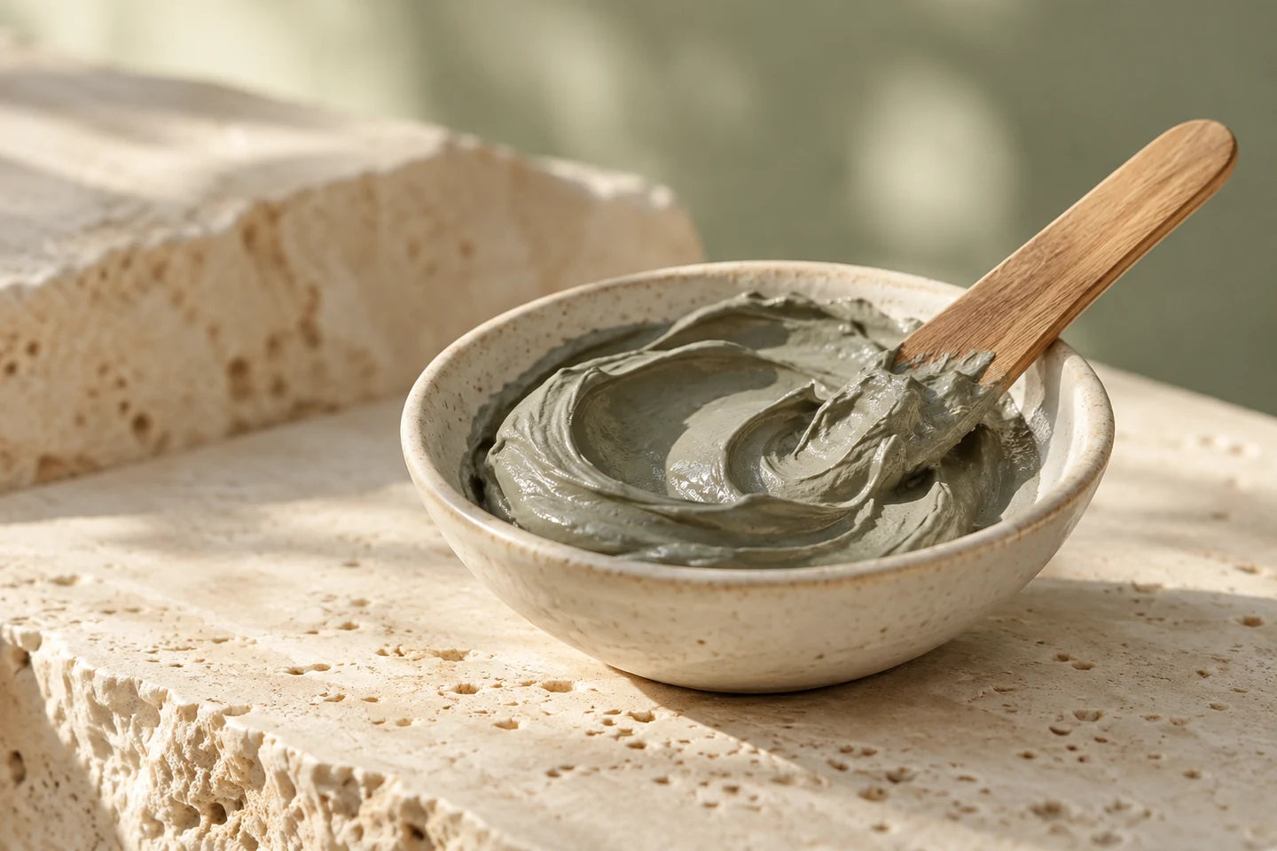 Illustrative Darstellung: Graugrüne Tonpaste in einer Keramikschale mit Holzspatel