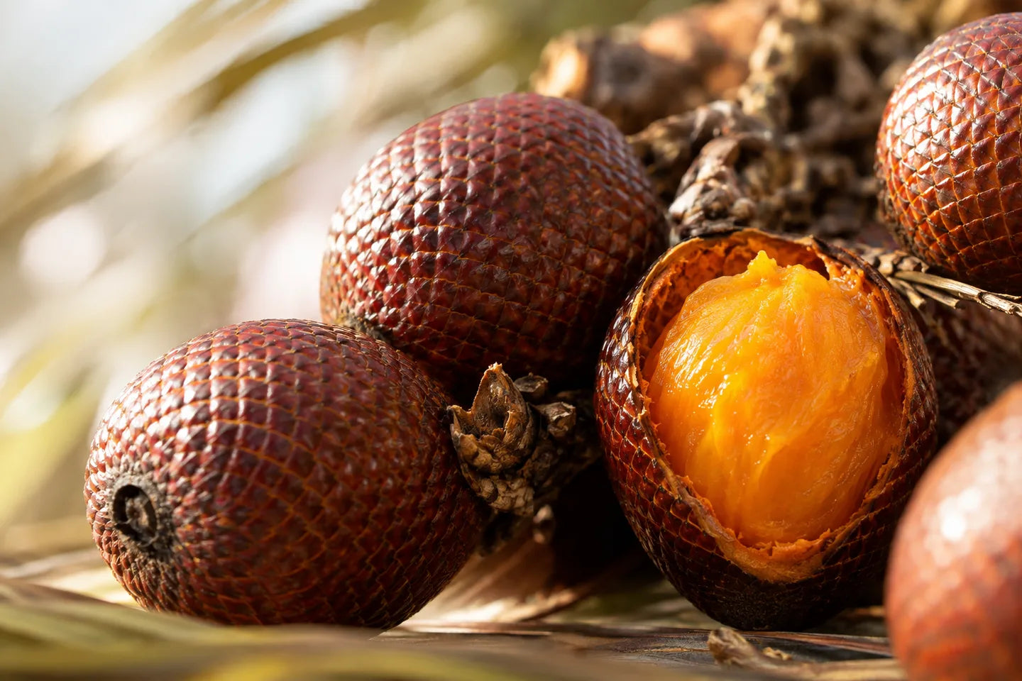 Nahaufnahme der Pflanzenquelle für Buriti-Fruchtöl