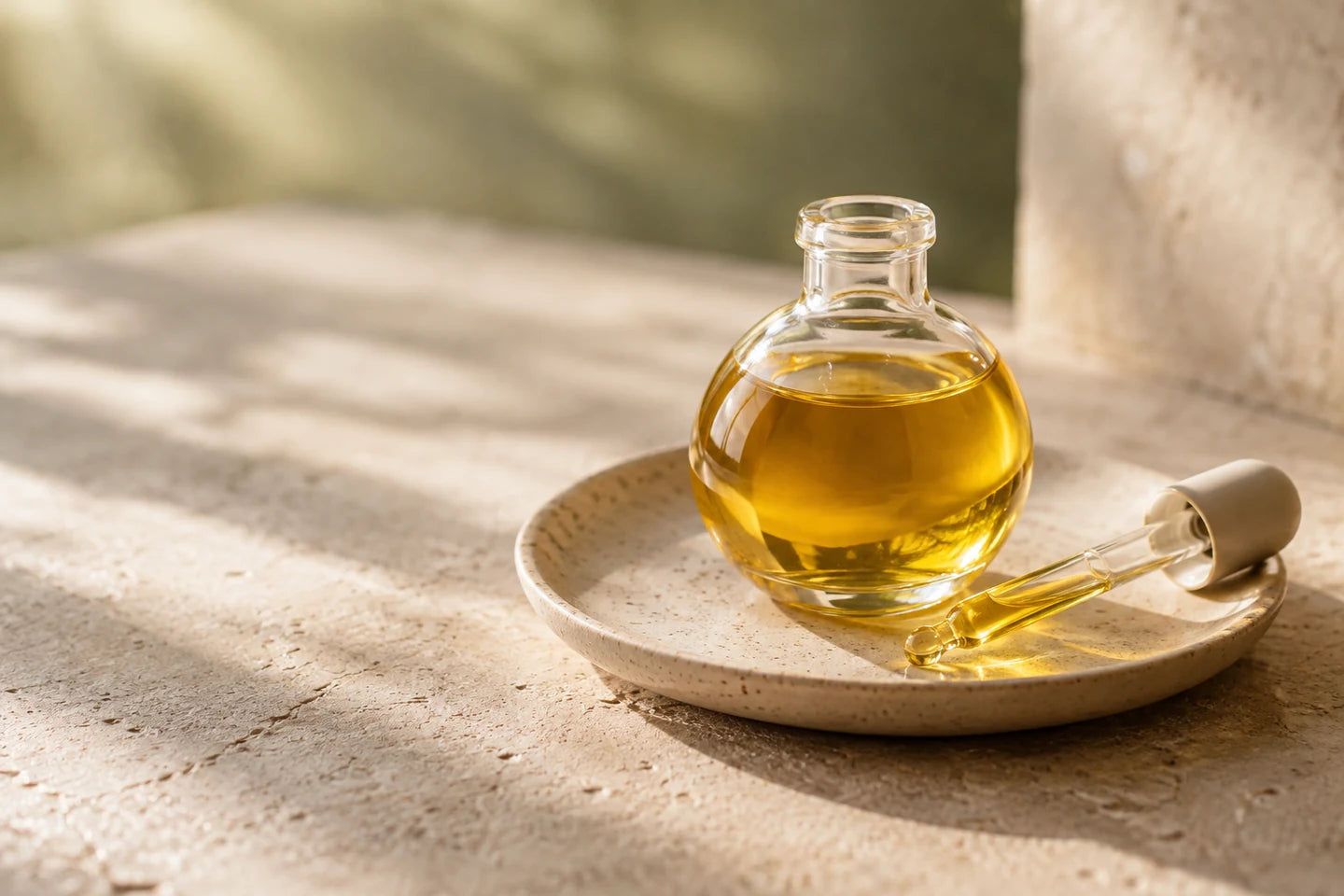 Illustrative Darstellung: Ylang-Ylang-Öl in einem Glaskolben