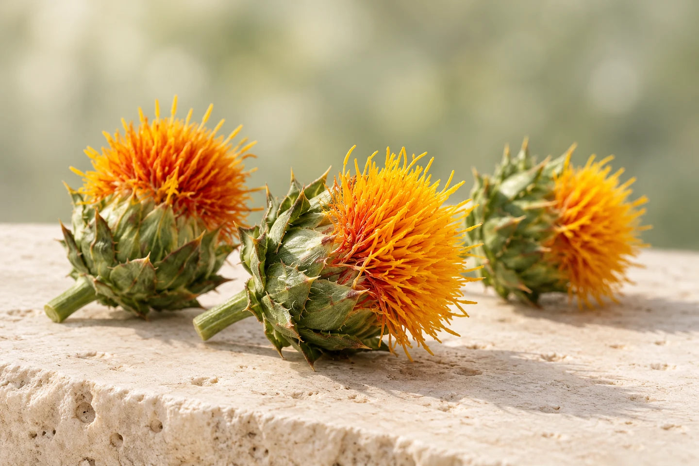 Orangegelbe Blütenköpfe der Färberdistel