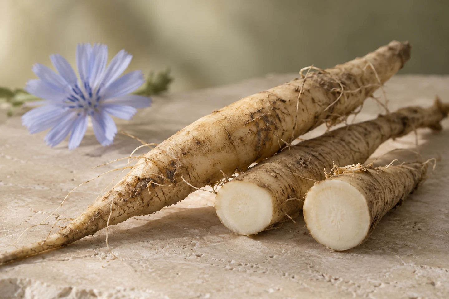 Chicoréewurzeln mit Blüte der Wegwarte