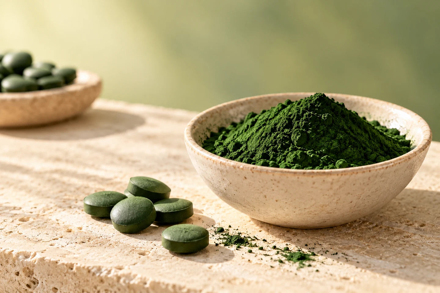 Illustrative Darstellung: Dunkelgrünes Chlorella-Pulver und gepresste Tabletten