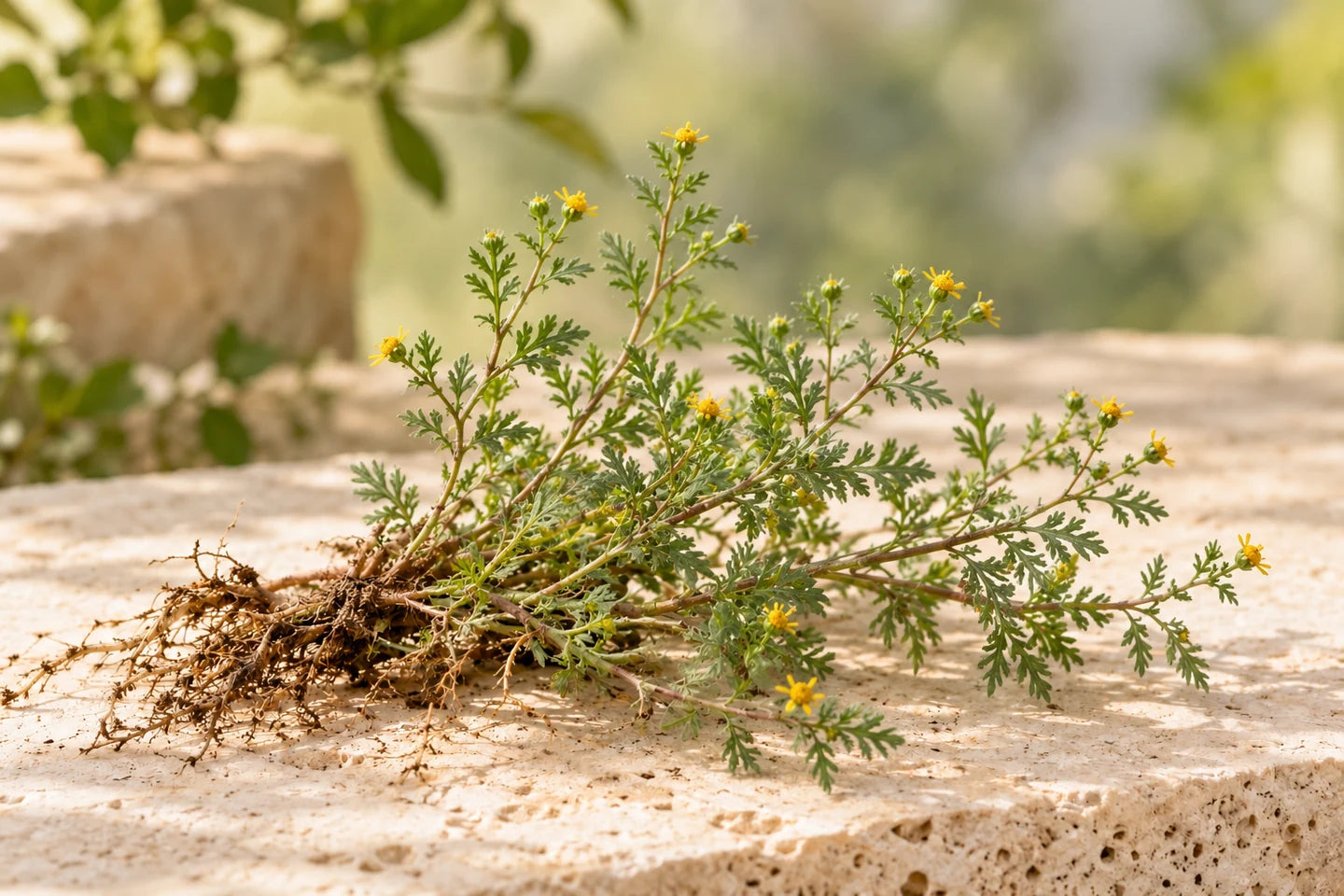 Niedriges Kraut mit kleinen gelben Blüten und feinen Blättern