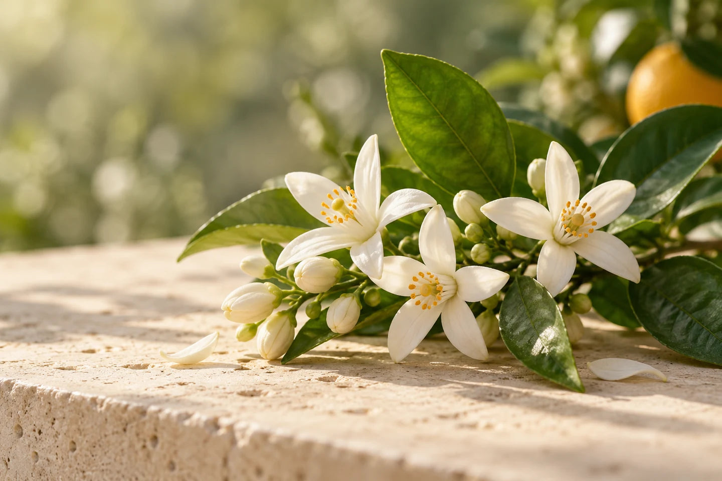 Weiße Blüten der Bitterorange am Zweig mit glänzenden Blättern