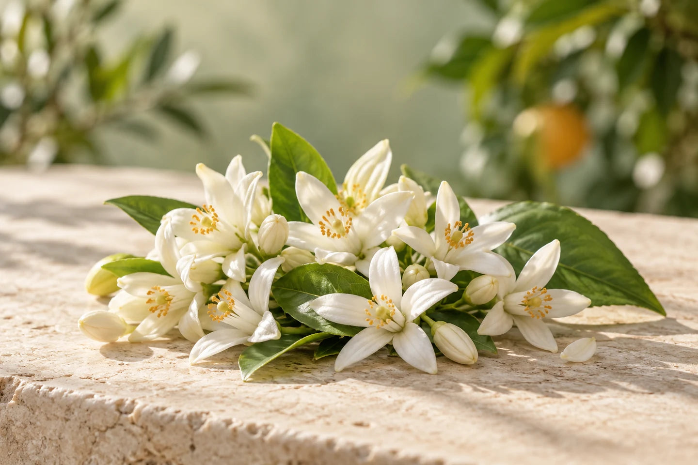 Frisch gepflückte weiße Orangenblüten