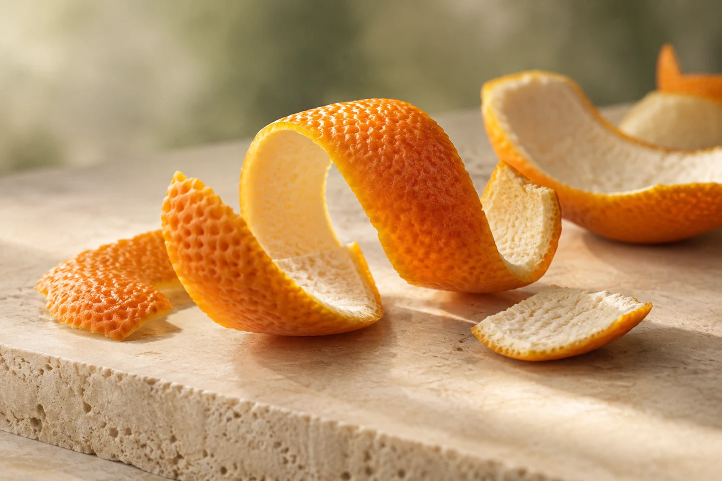 Schalenstücke der Bitterorange mit sichtbaren Öldrüsen