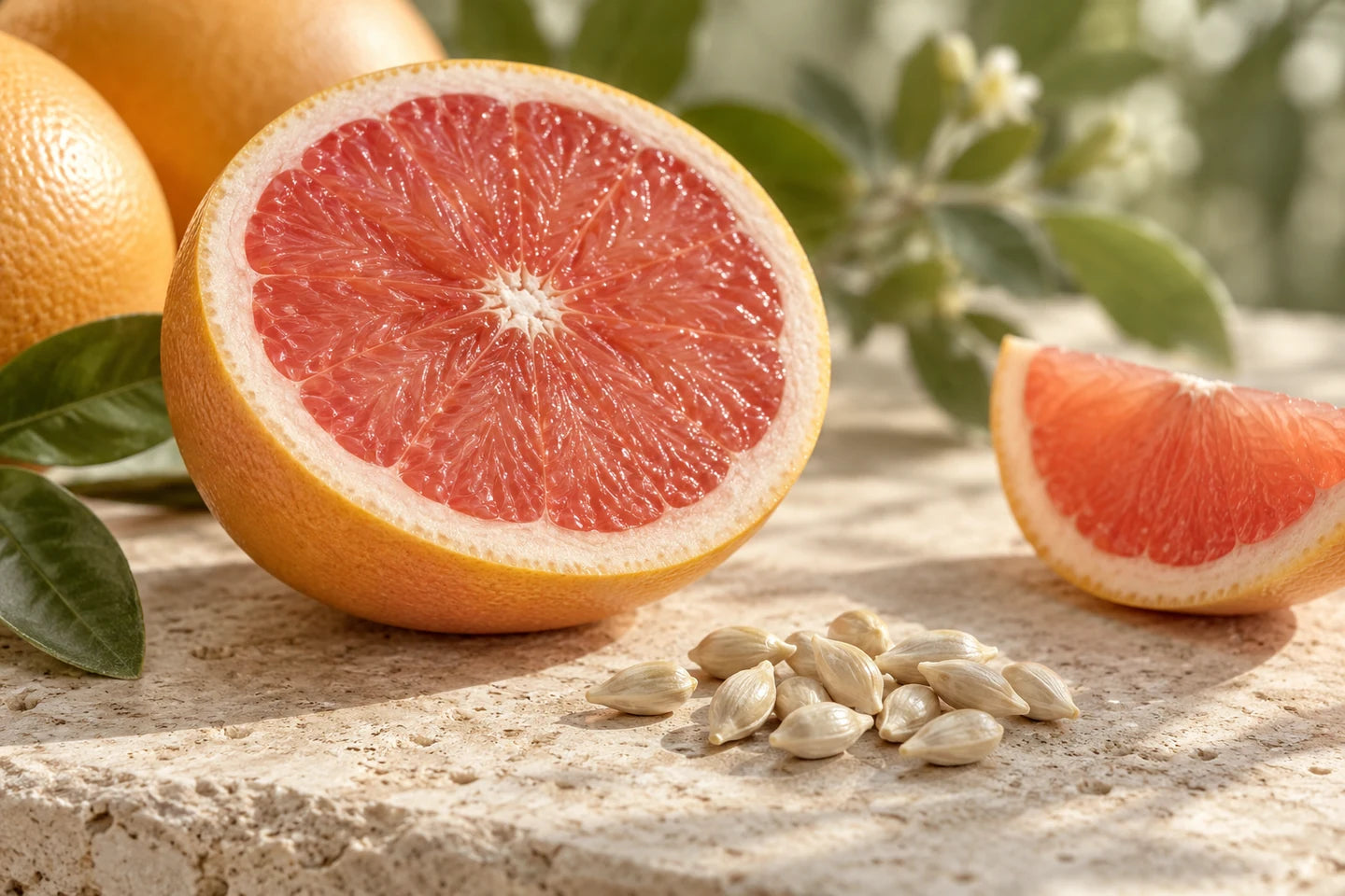 Halbierte rosa Grapefruit mit ihren Kernen