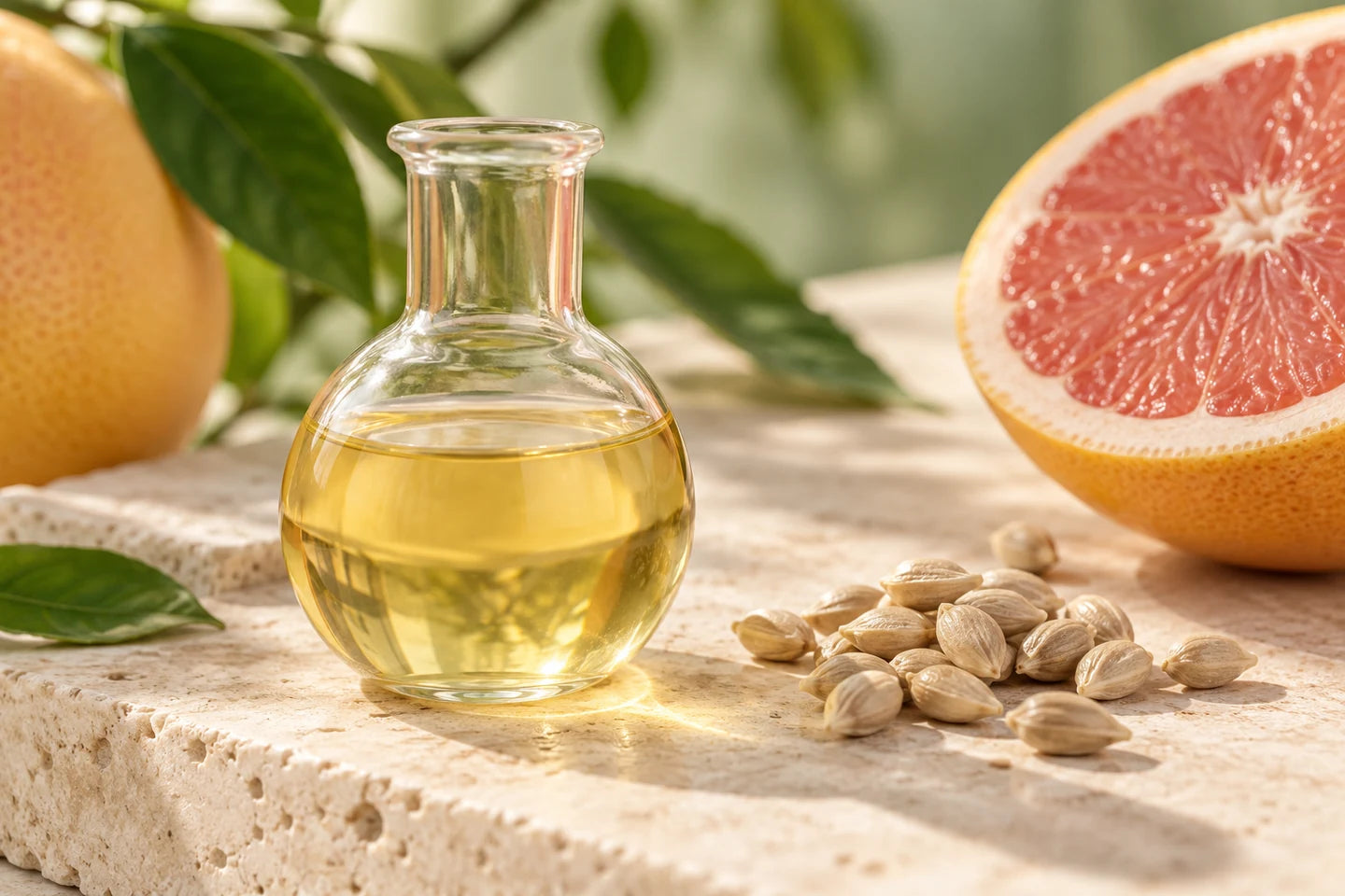 Illustrative Darstellung: Grapefruitkernextrakt in einem Glaskolben neben den Kernen