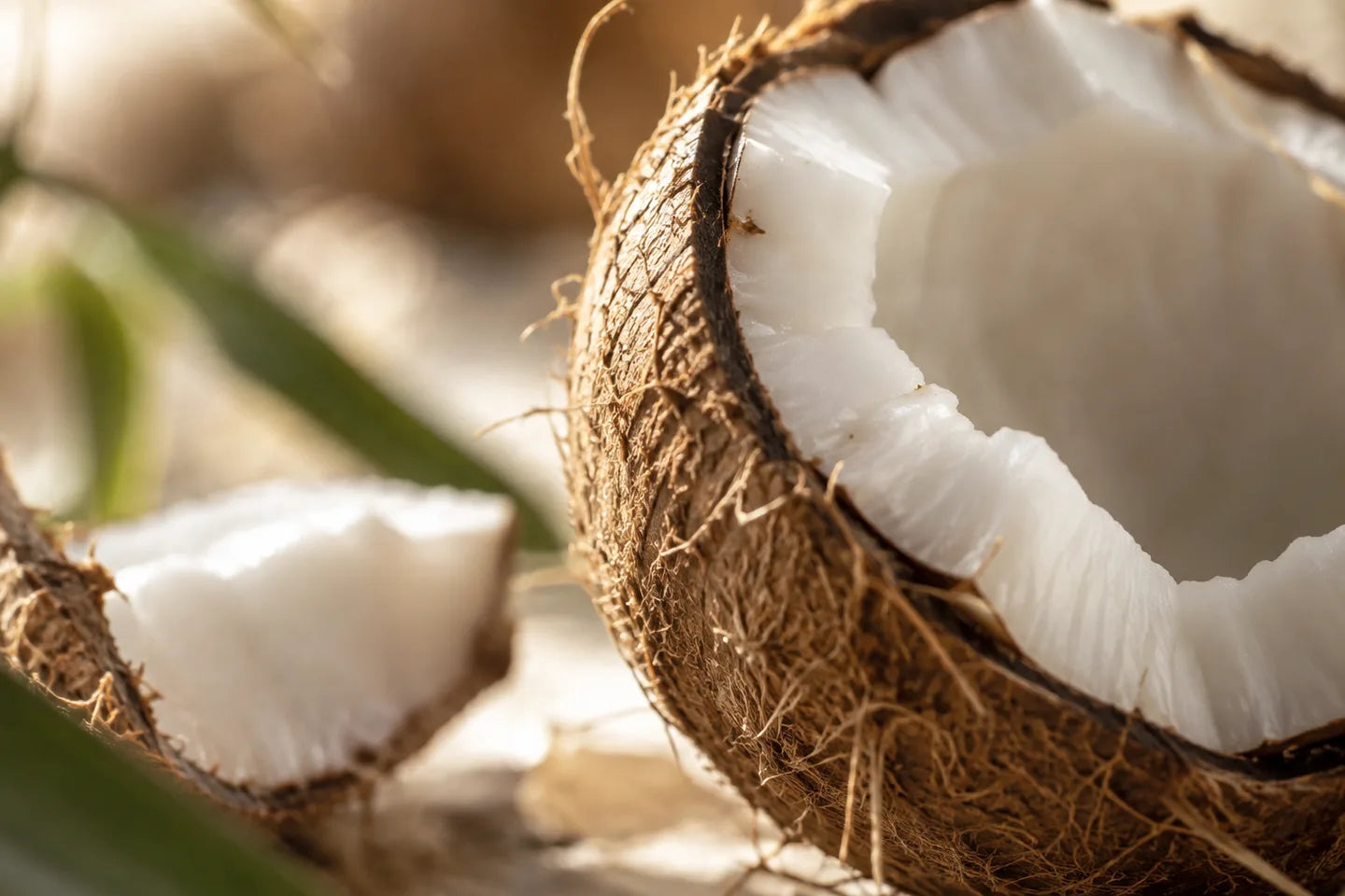 Geöffnete Kokosnuss mit weißem Fruchtfleisch