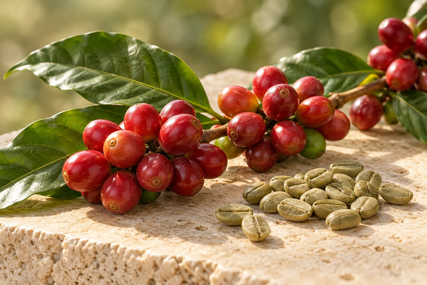 Rote Kaffeekirschen an einem Zweig mit glänzenden Blättern und grüne, ungeröstete Kaffeebohnen