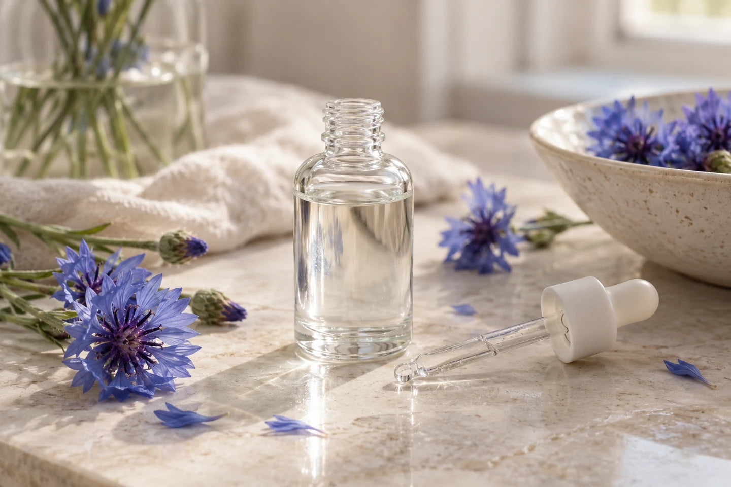 Illustrative Darstellung: Kornblumenwasser in einem Glasfläschchen