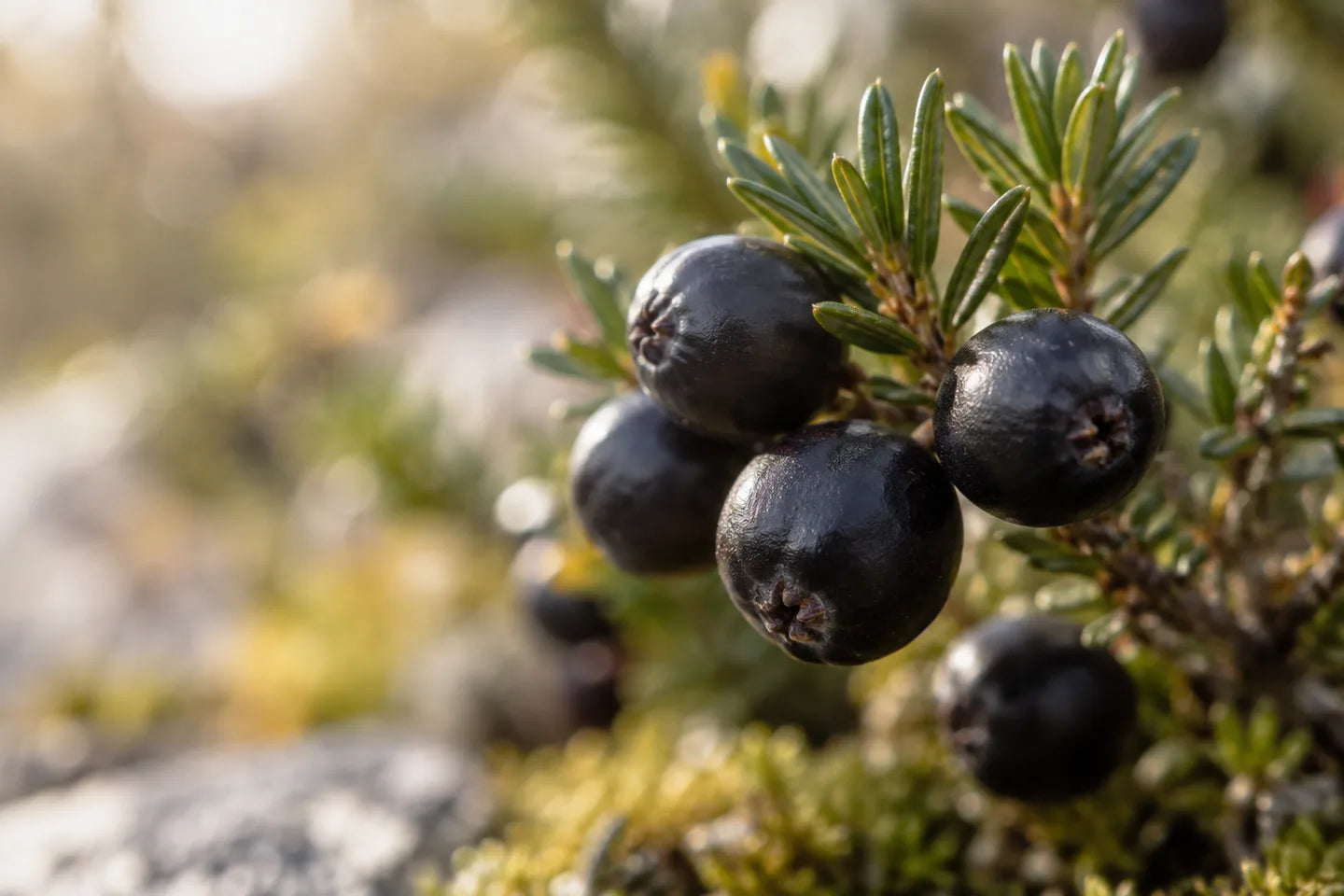 Dunkle Krähenbeeren an einem Zweig