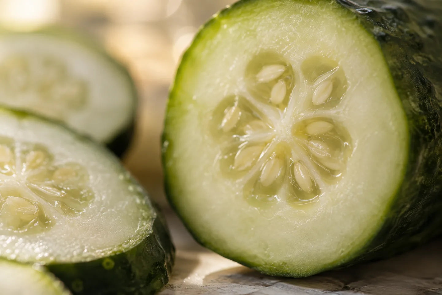 Gurkenstück mit grüner Schale und hellem Fruchtfleisch