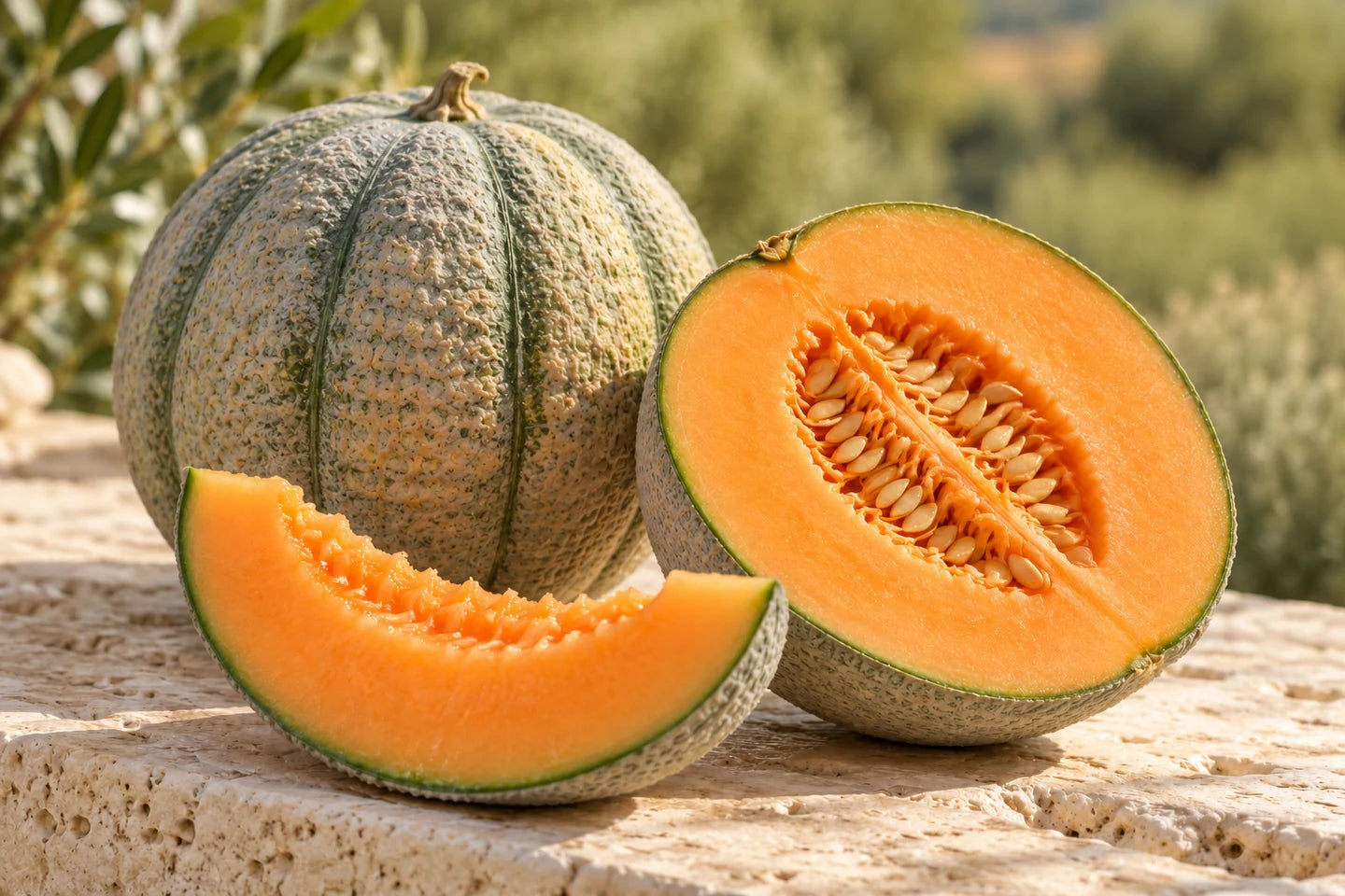 Zuckermelone mit graugrüner, gerippter Schale, halbiert und als Spalte mit orangefarbenem Fruchtfleisch
