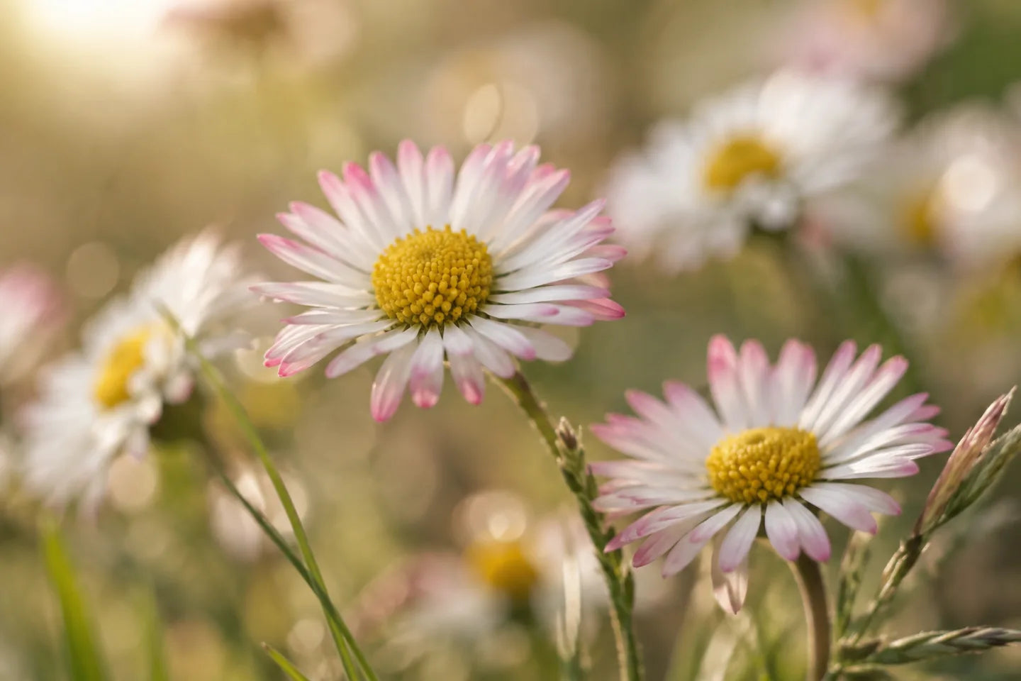 Illustrative Pflanzenaufnahme: Weiße Gänseblümchen mit rosa Blütenspitzen