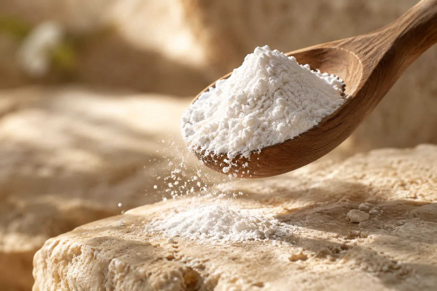 Illustrative Darstellung: Distärkephosphat als helles Pulver auf einem Holzlöffel