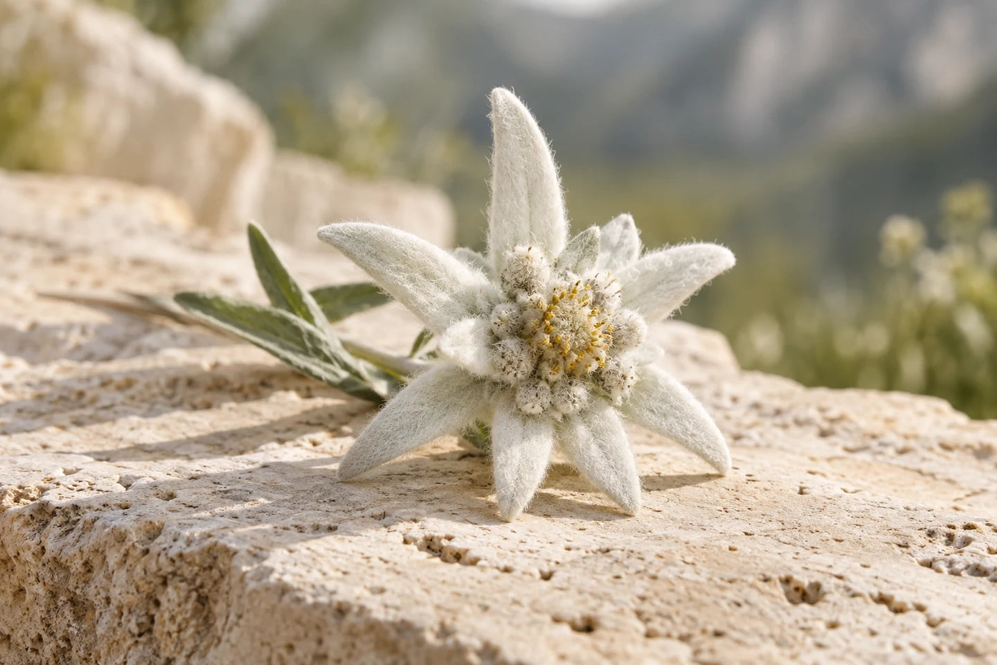 Edelweißblüte mit weißen, wolligen Hochblättern