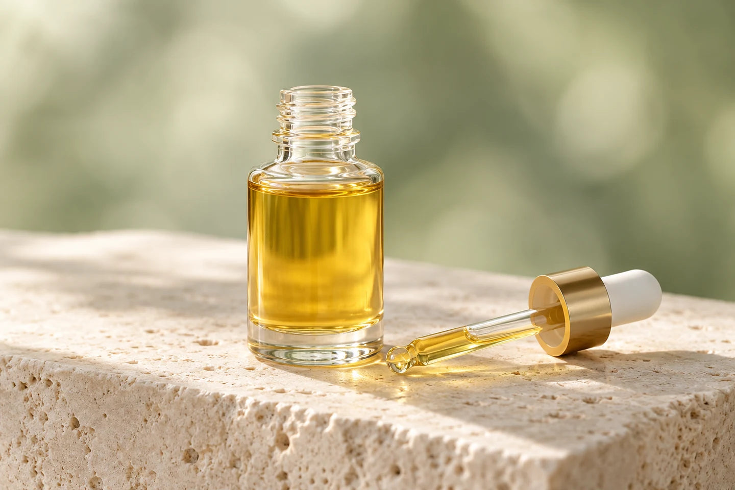 Illustrative Darstellung: Goldgelber Enantia-Rindenextrakt in einem Glasfläschchen