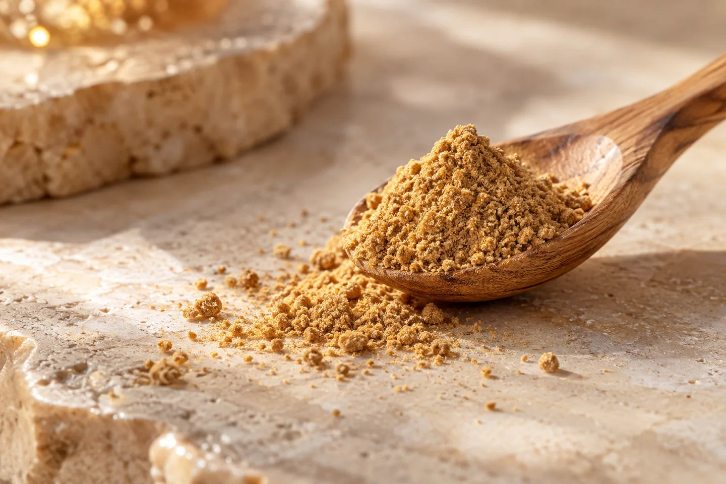 Illustrative Darstellung: Propolis als Pulver auf einem Holzlöffel