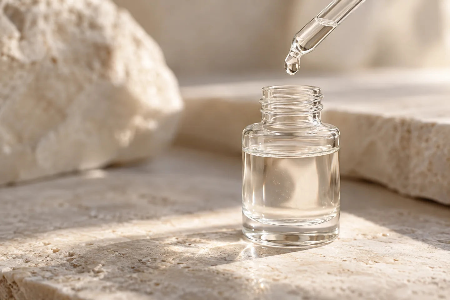 Illustrative Darstellung: Sebacinsäure als klare Lösung in einem Glasfläschchen mit Pipette
