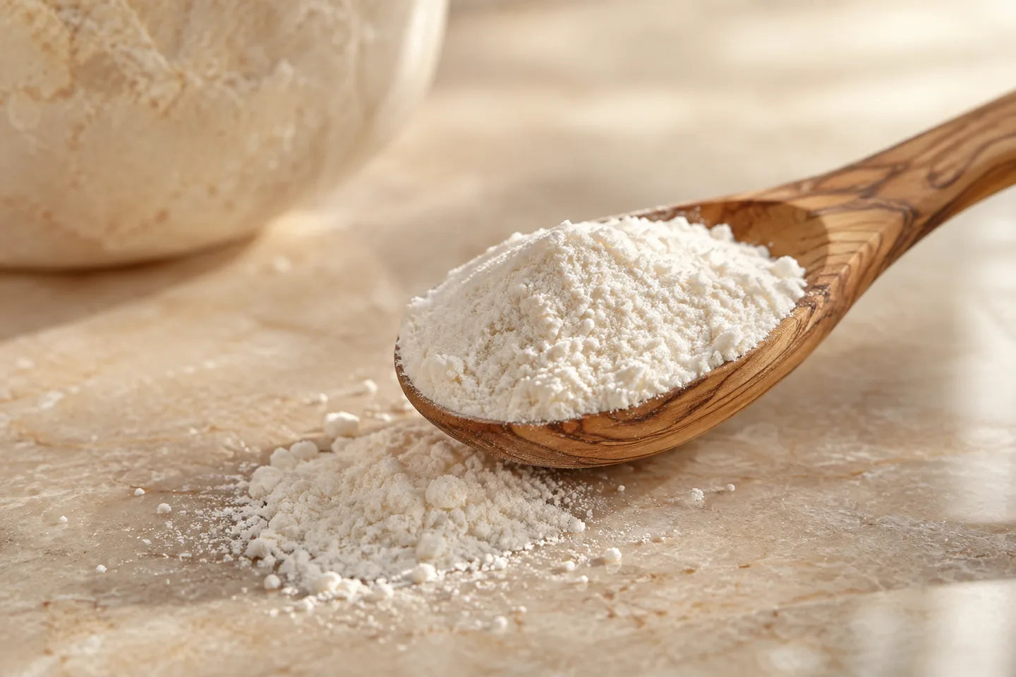 Illustrative Darstellung: Natriumdehydroacetat als helles Pulver auf einem Holzlöffel