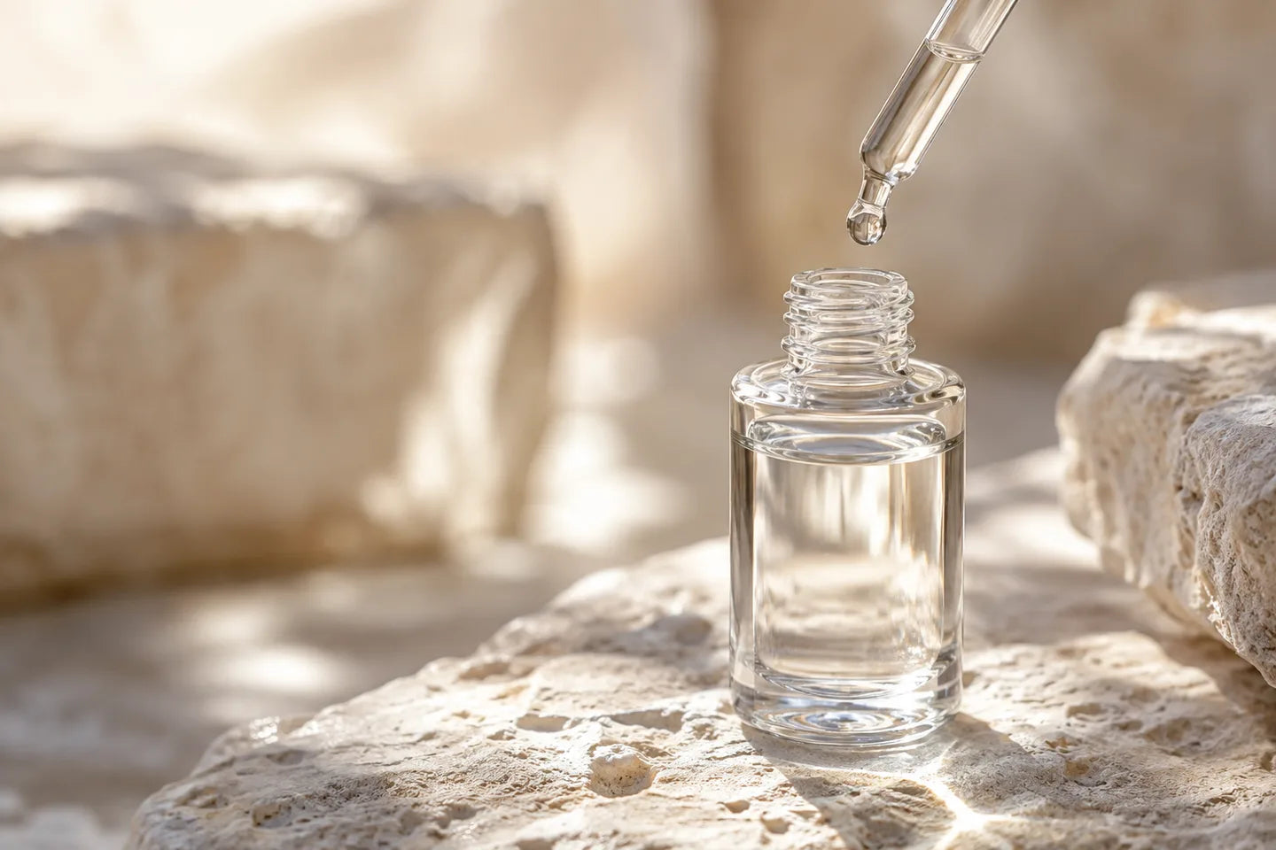 Illustrative Darstellung: Natriumdehydroacetat als klare Lösung in einem Glasfläschchen mit Pipette