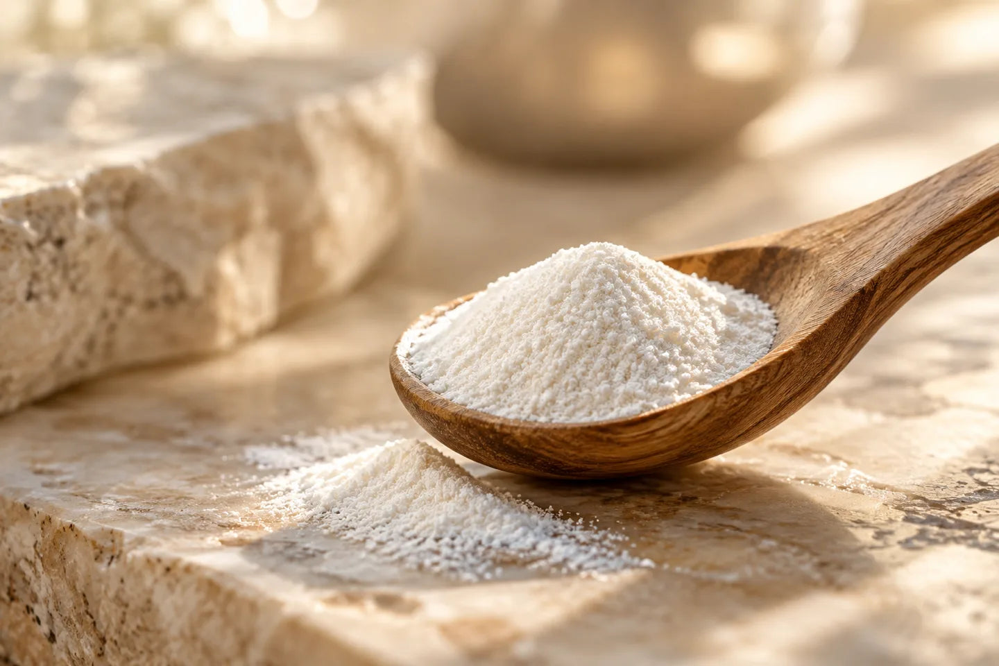 Illustrative Darstellung: Vernetztes Natriumhyaluronat als helles Pulver auf einem Holzlöffel