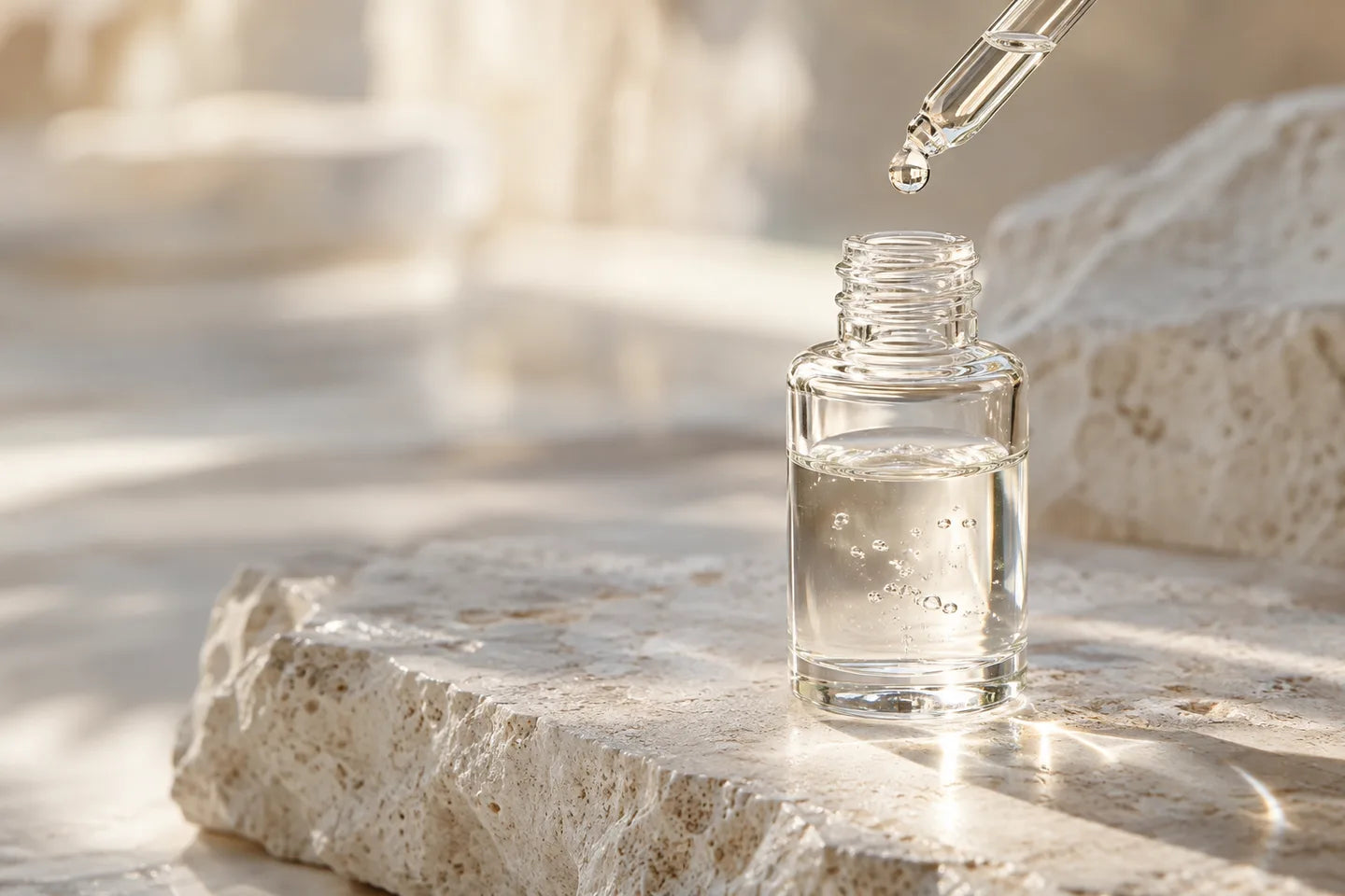 Illustrative Darstellung: Natrium-PCA als klare Lösung in einem Glasfläschchen mit Pipette