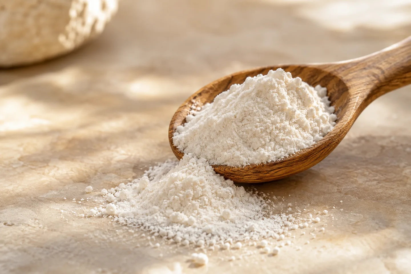 Illustrative Darstellung: Natriumpolyphosphat als helles Pulver auf einem Holzlöffel