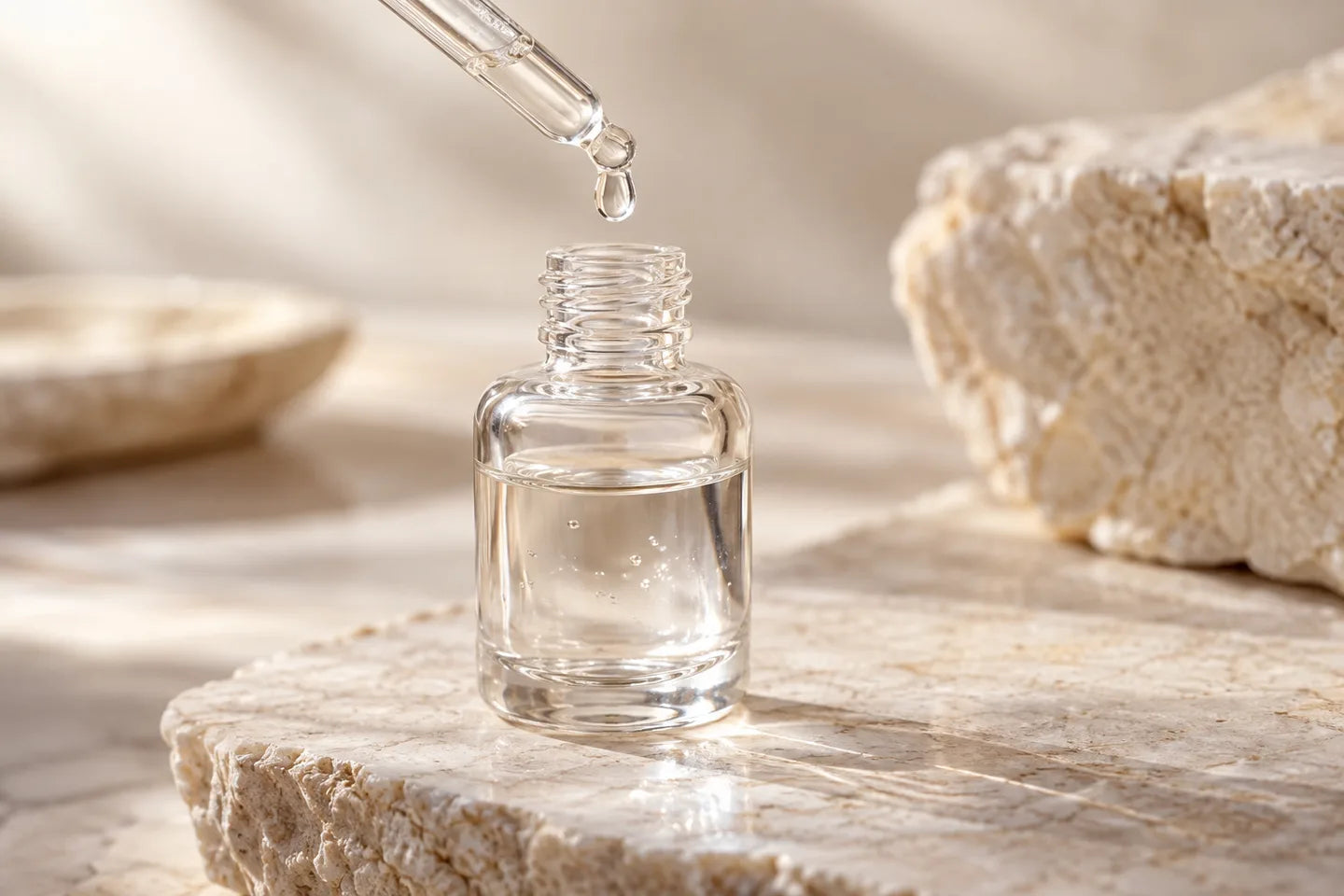 Illustrative Darstellung: Natriumpolyphosphat als klare Lösung in einem Glasfläschchen mit Pipette