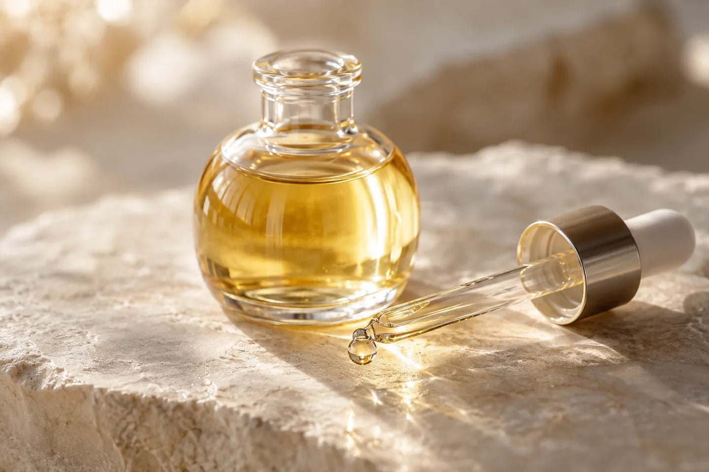 Illustrative Darstellung: Tocopherylacetat als goldgelbes Öl in einem Glasfläschchen mit Pipette