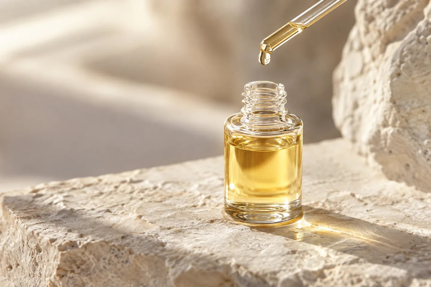 Illustrative Darstellung: Tocopherylacetat als goldgelbes Öl in einem kleinen Fläschchen