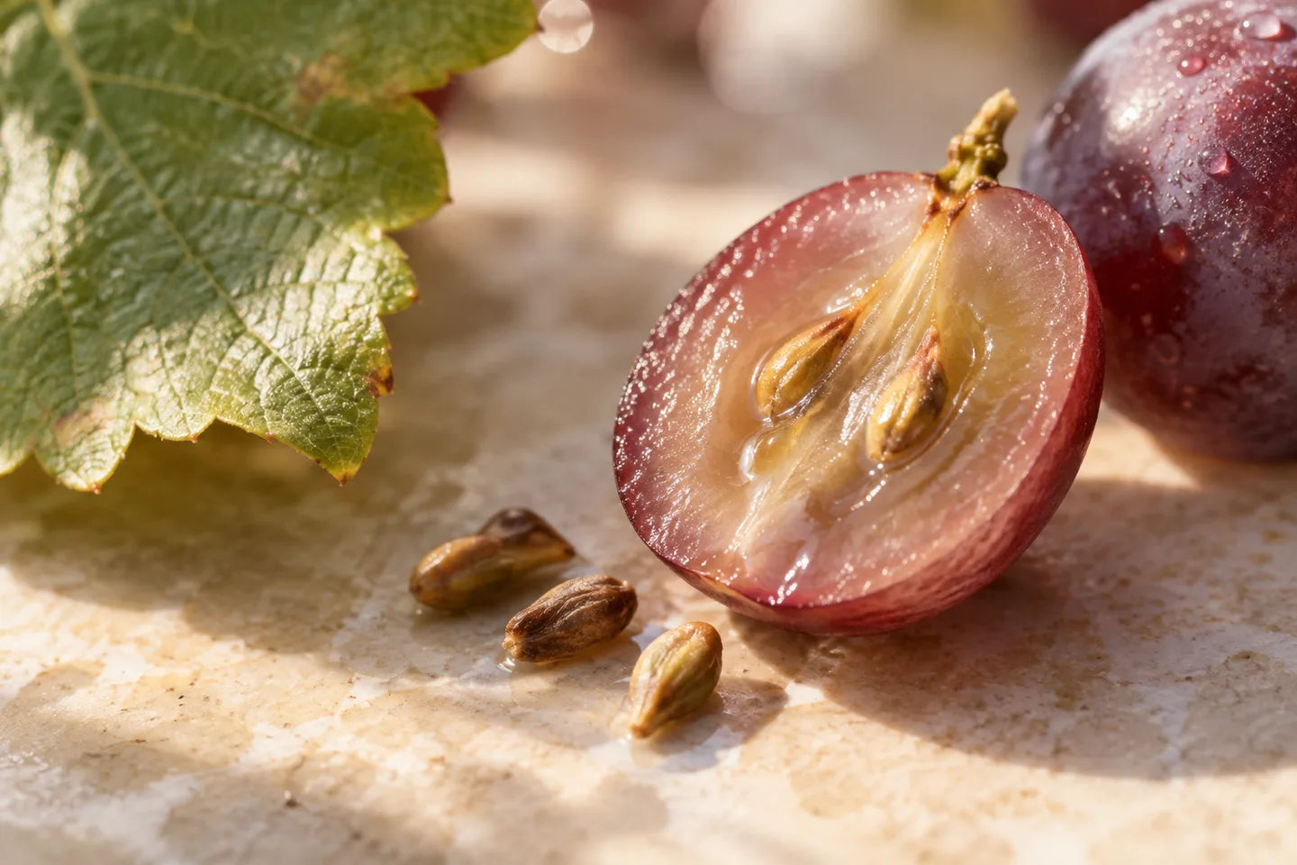Halbierte rote Weintraube mit Kernen