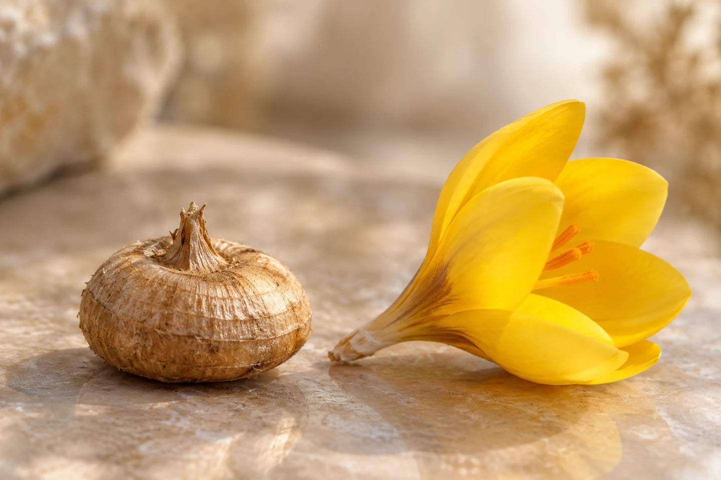 Knolle und Blüte des Goldkrokus