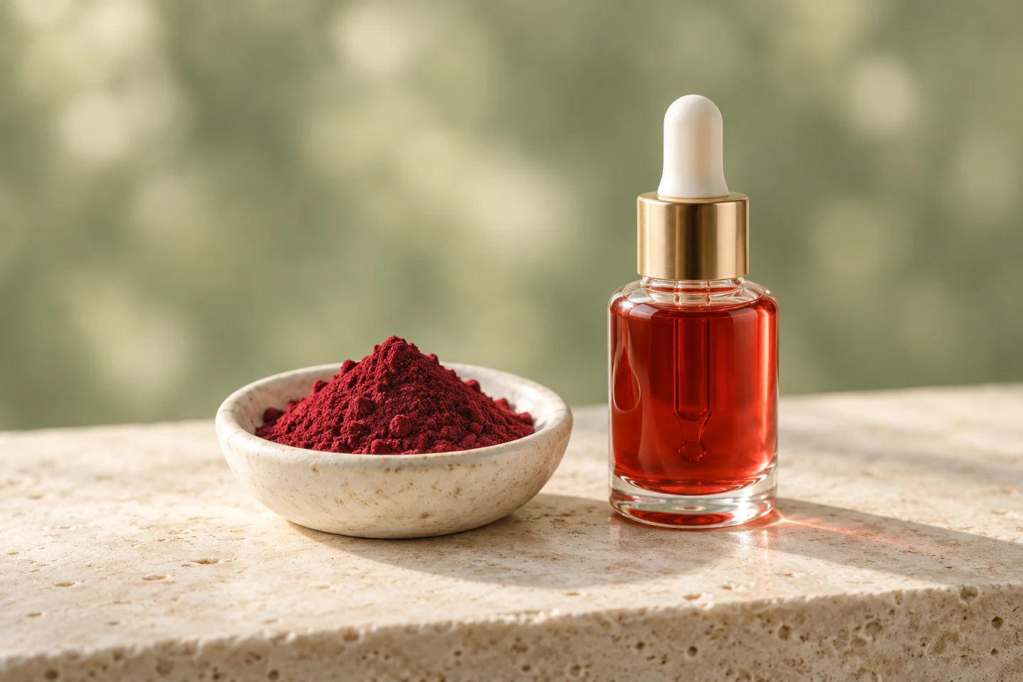 Illustrative Darstellung: Rotes Algenpulver und ein Tropffläschchen mit rotem Öl