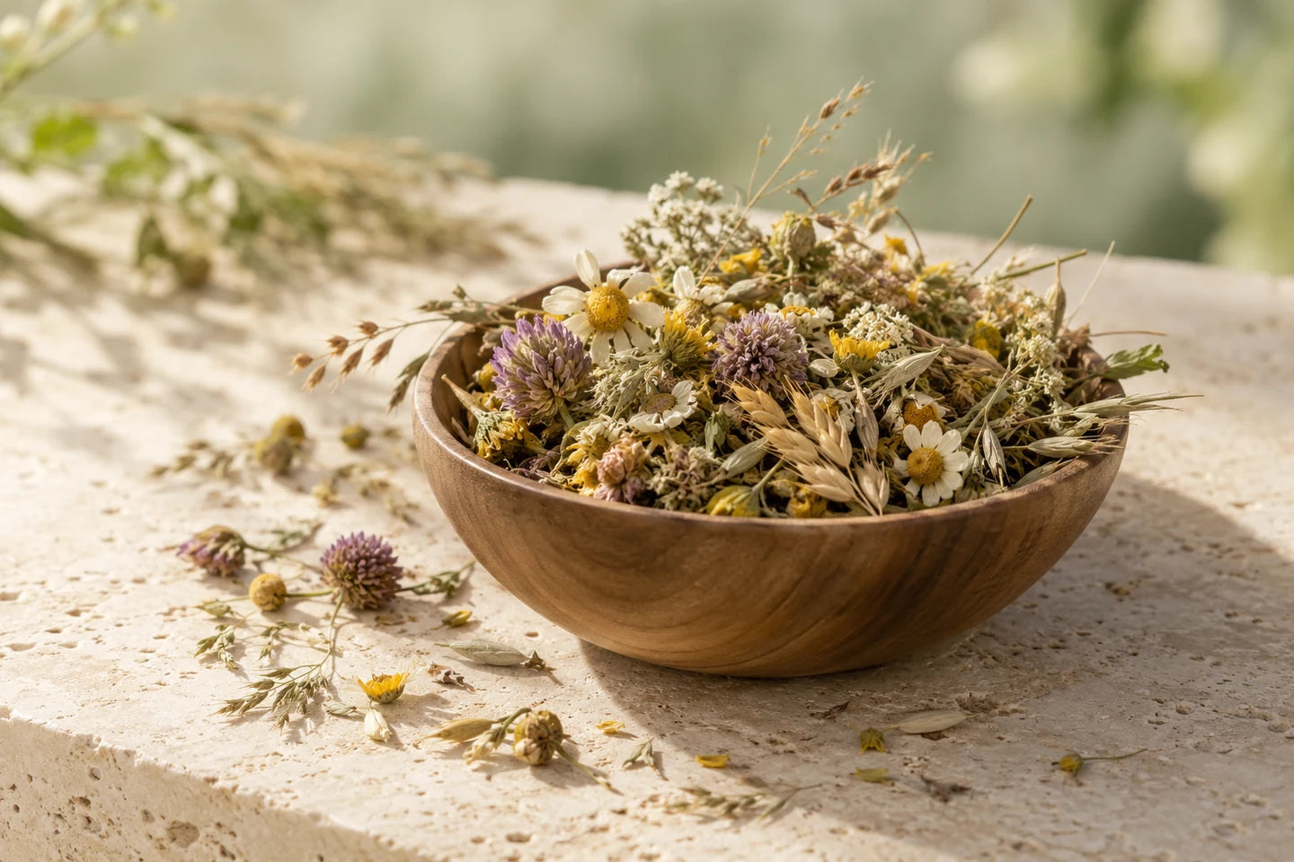 Illustrative Darstellung: Getrocknete Wiesenblüten und Grassamen in einer Holzschale