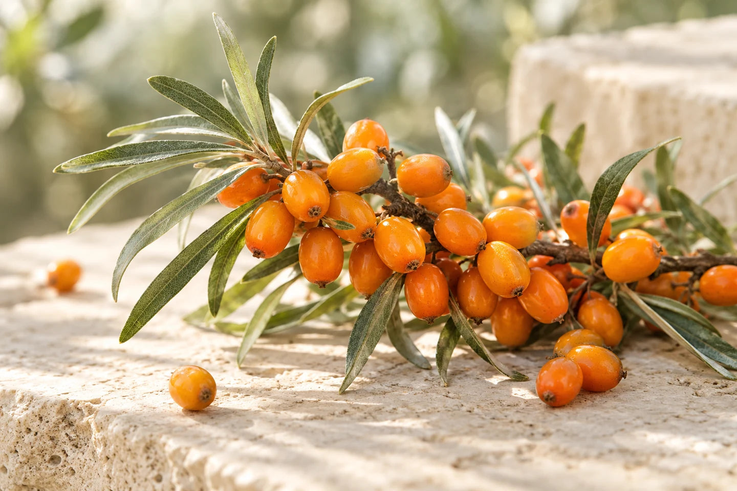 Zweig mit leuchtend orangen Sanddornbeeren und schmalen silbrigen Blättern