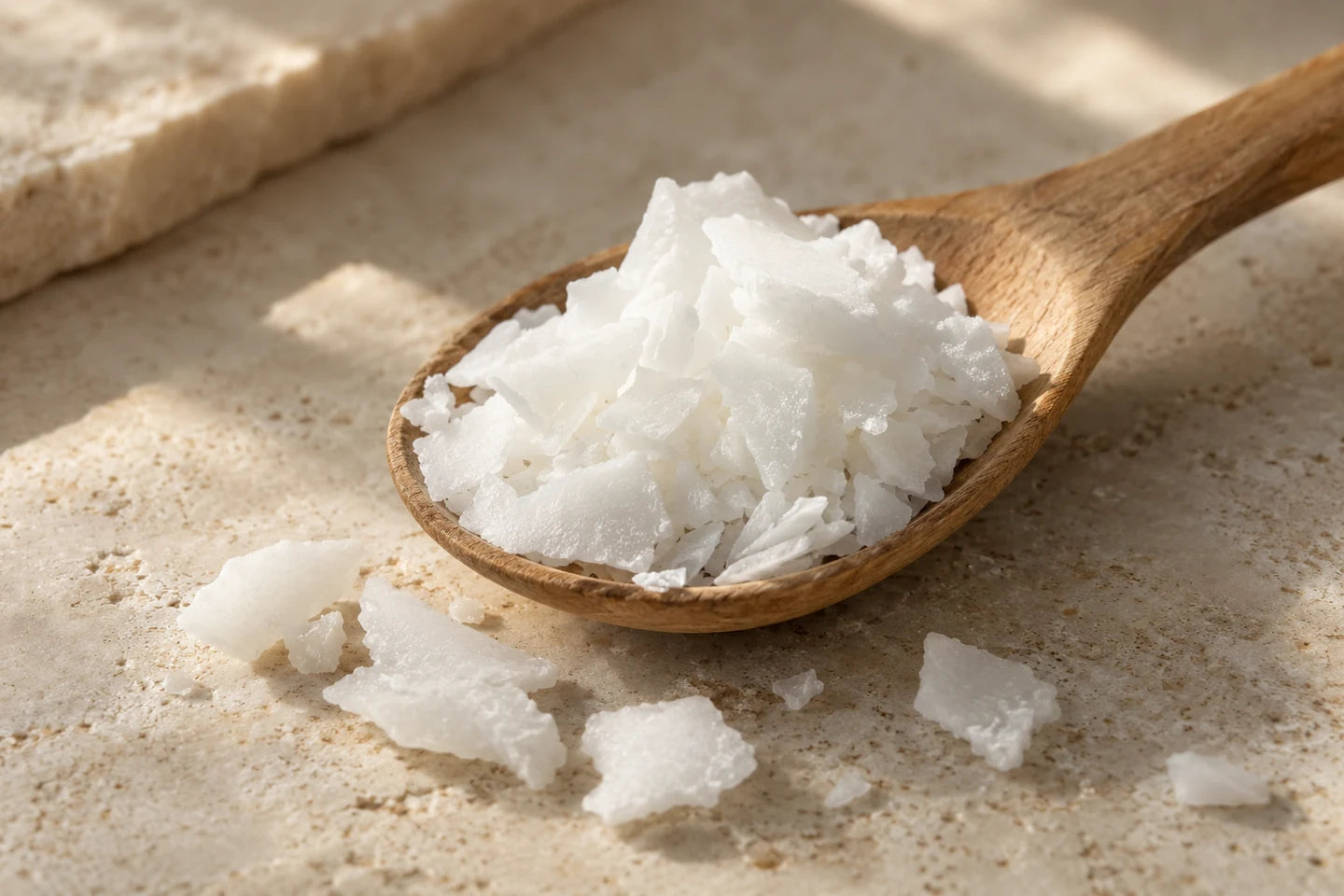 Illustrative Darstellung: Hydriertes Kokosöl als Flocken auf einem Holzlöffel