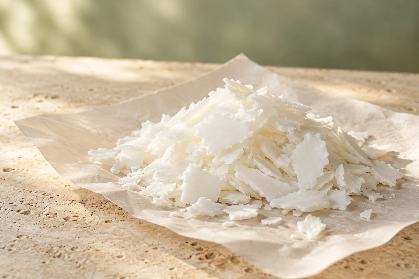 Illustrative Darstellung: Hydrierte Palmglyceride als weiße Flocken auf Backpapier