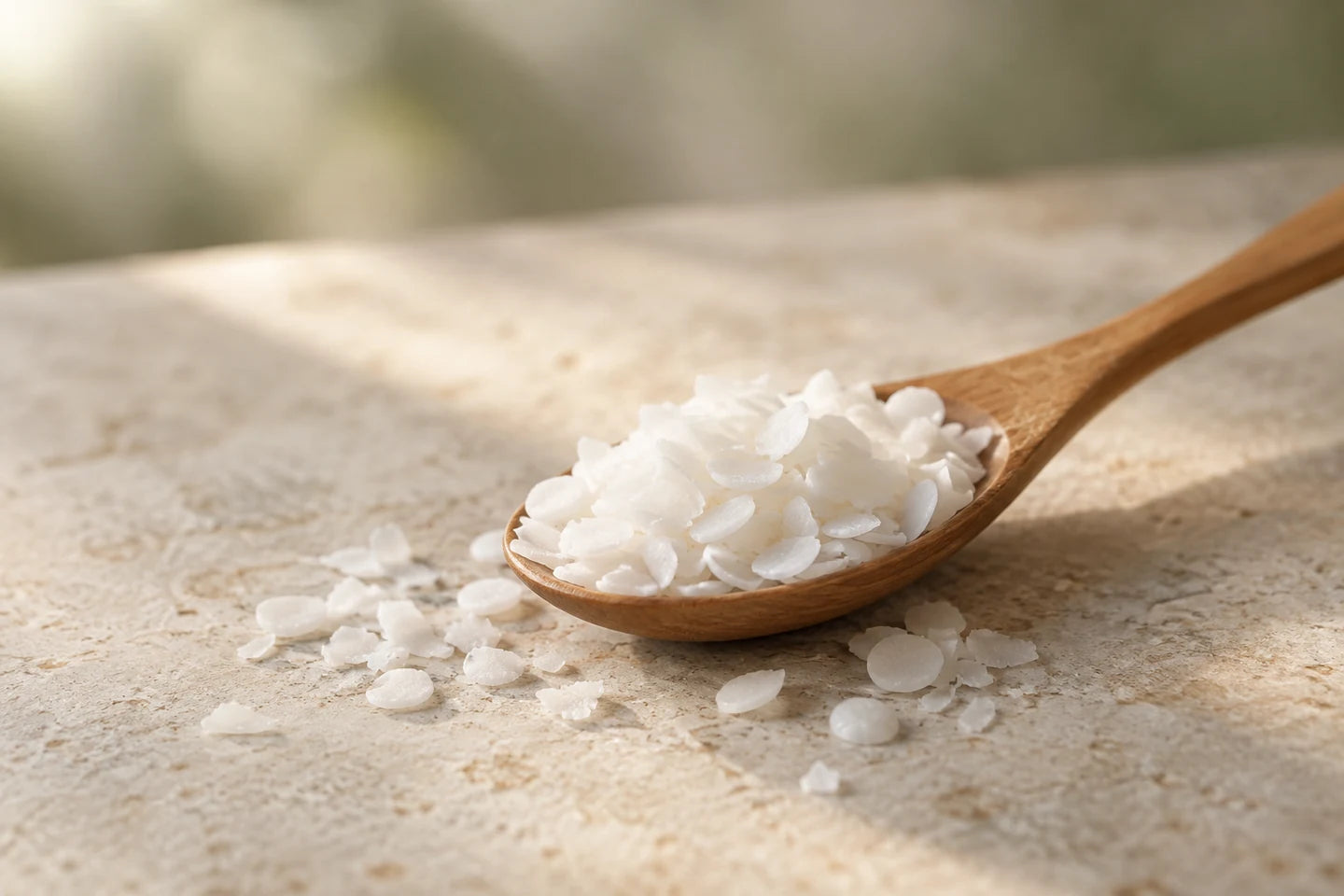 Illustrative Darstellung: Hydrierte Pflanzenglyceride als feine Flocken auf einem Holzlöffel